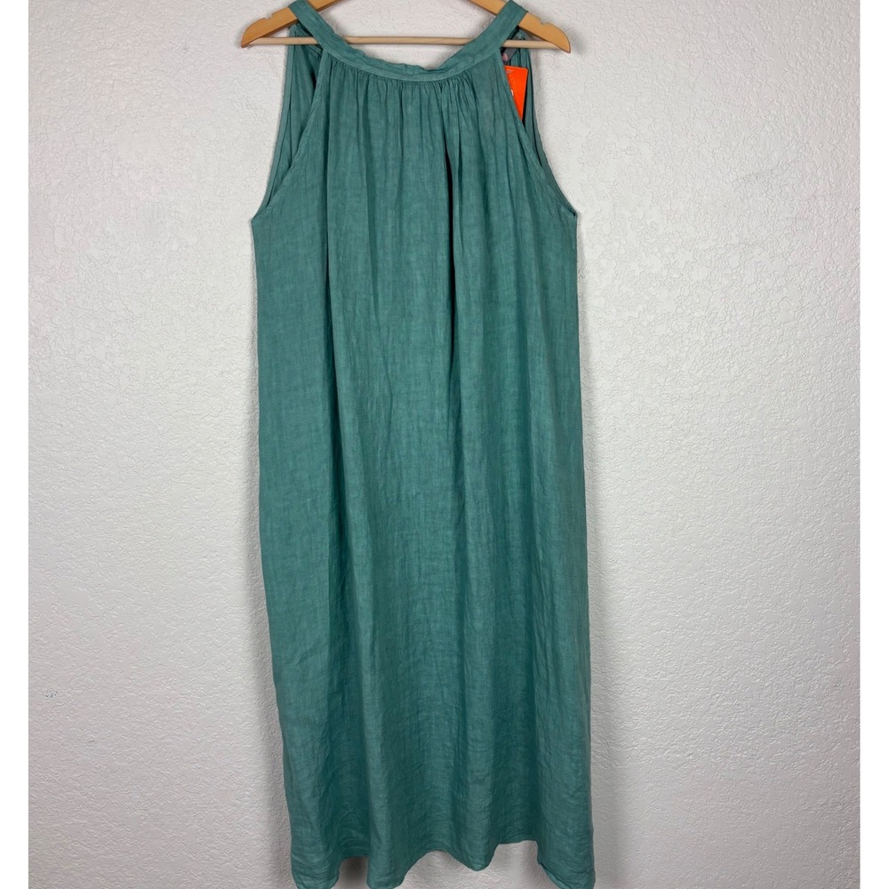 100% Linen Womens Midi Dress Green SZ Large XL Made in Italy Beachy Coastal Boho